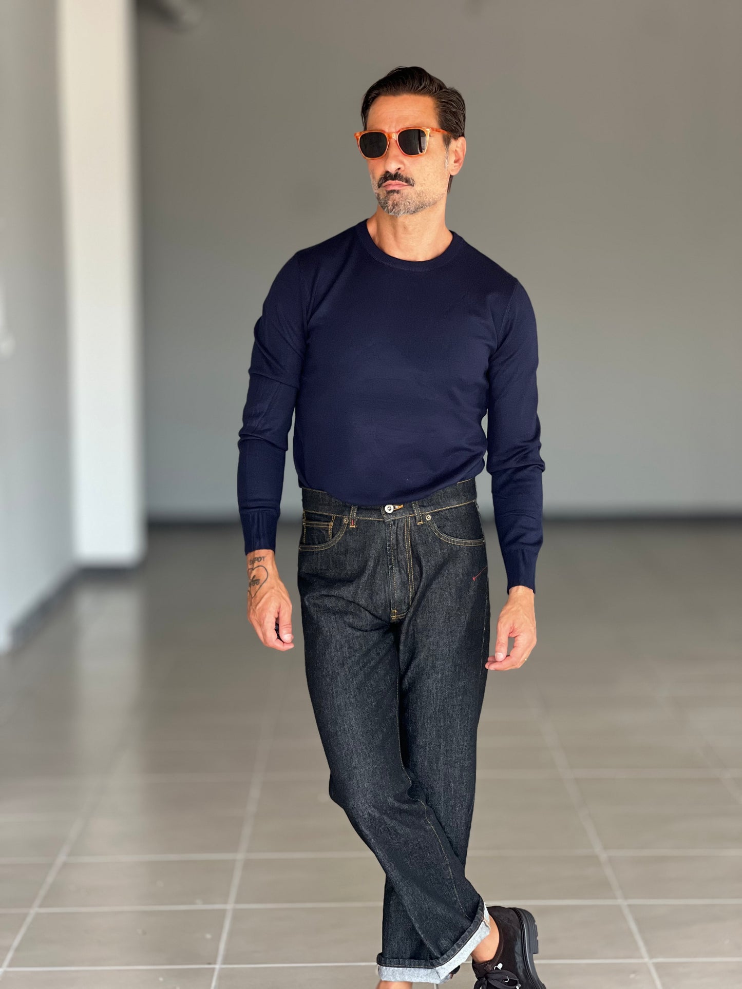 BLUE THREAD COTTON CREW NECK SWEATER