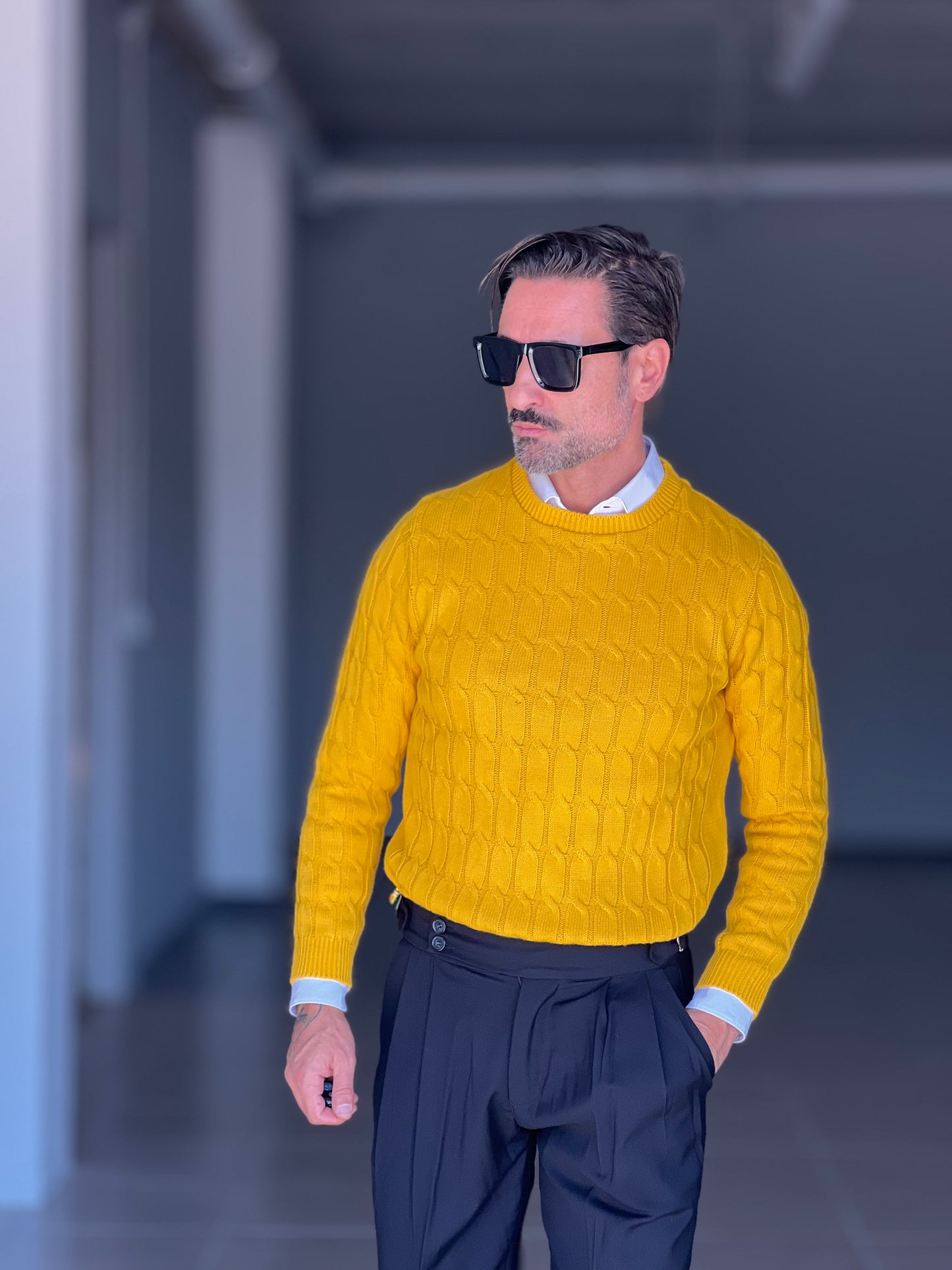 BLUE THREAD COTTON CREW NECK SWEATER