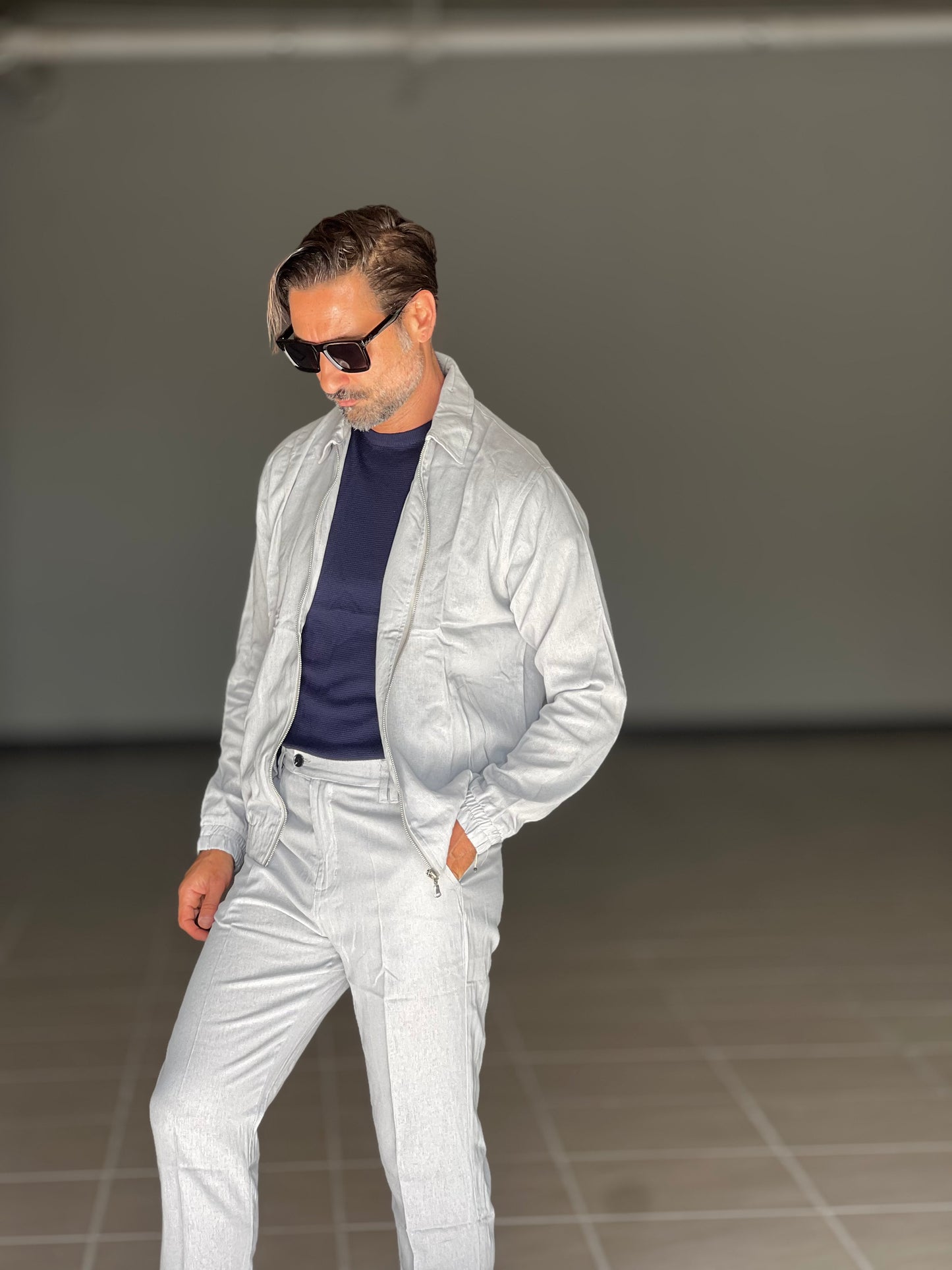 COORDINATO GRIGIO PERLA LINO ZIP