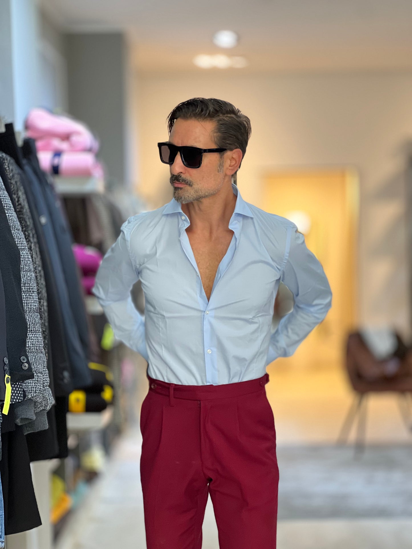 CAMICIA CELESTE POPELINE DI COTONE STRECH