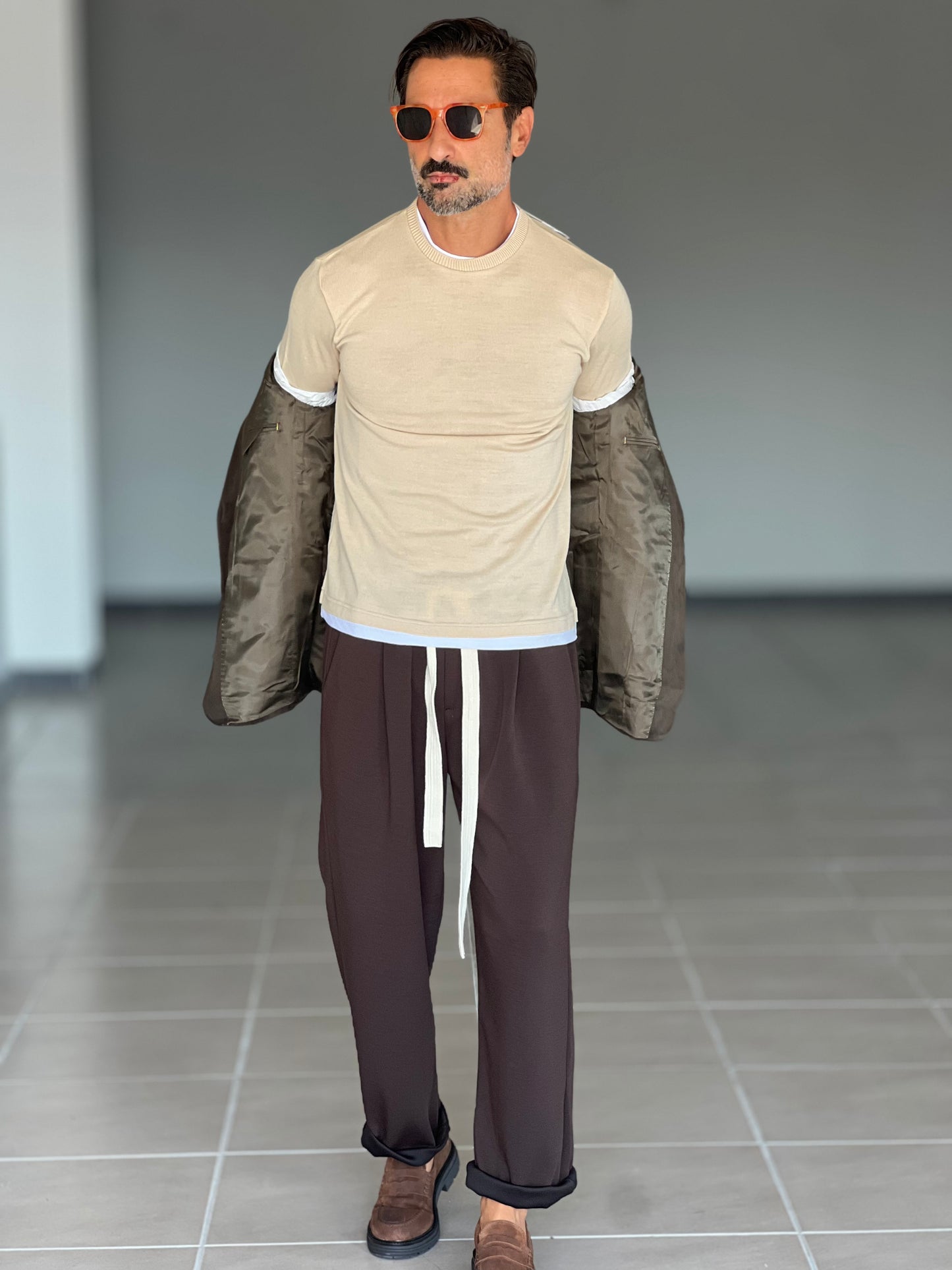 MAGLIA 2 FILI BEIGE INSERTO T SHIRT BIANCA