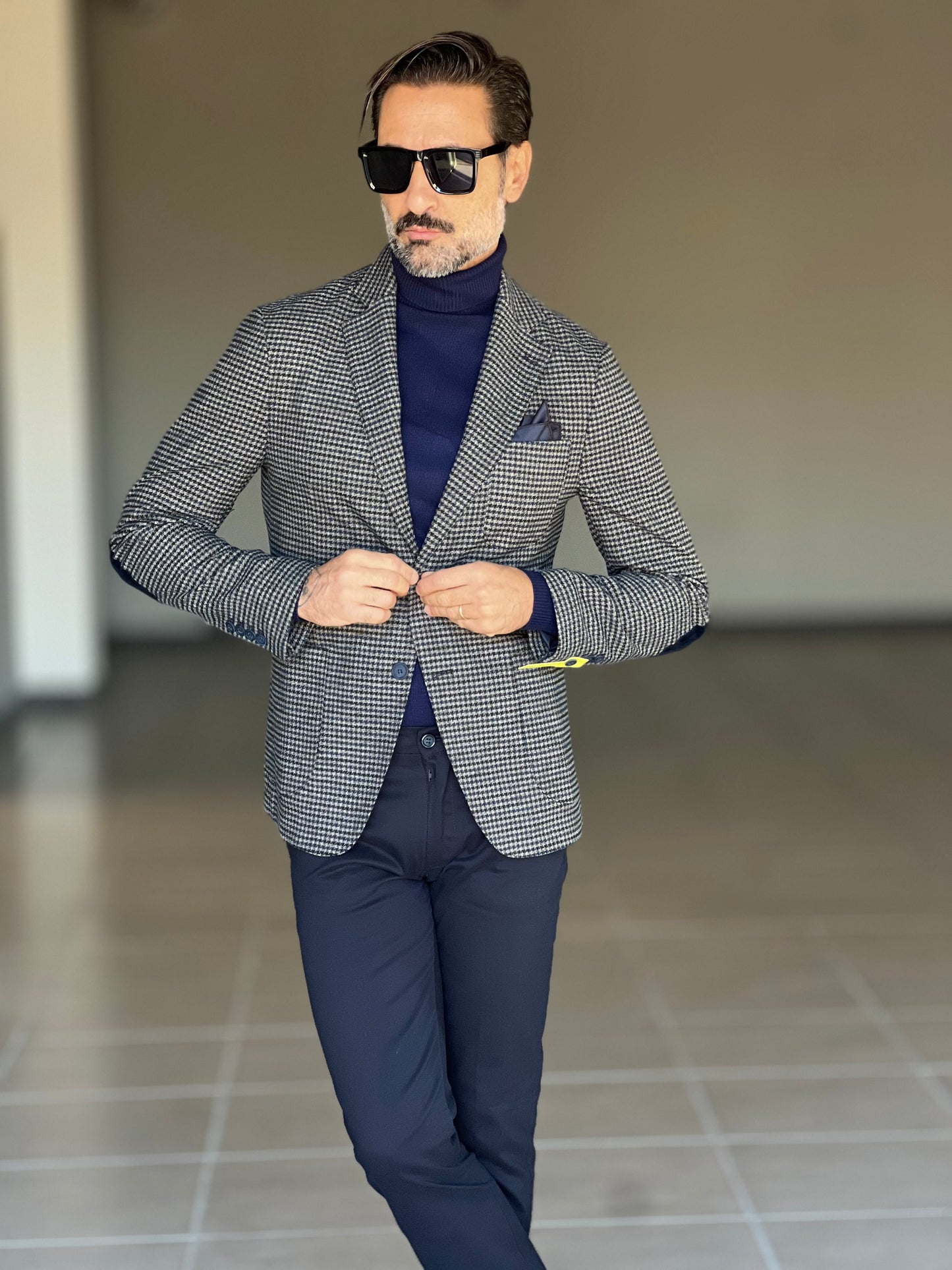 GIACCA PANNO GRIGIA MORO E BLU PIE DE POULE TOPPE AI GOMITI