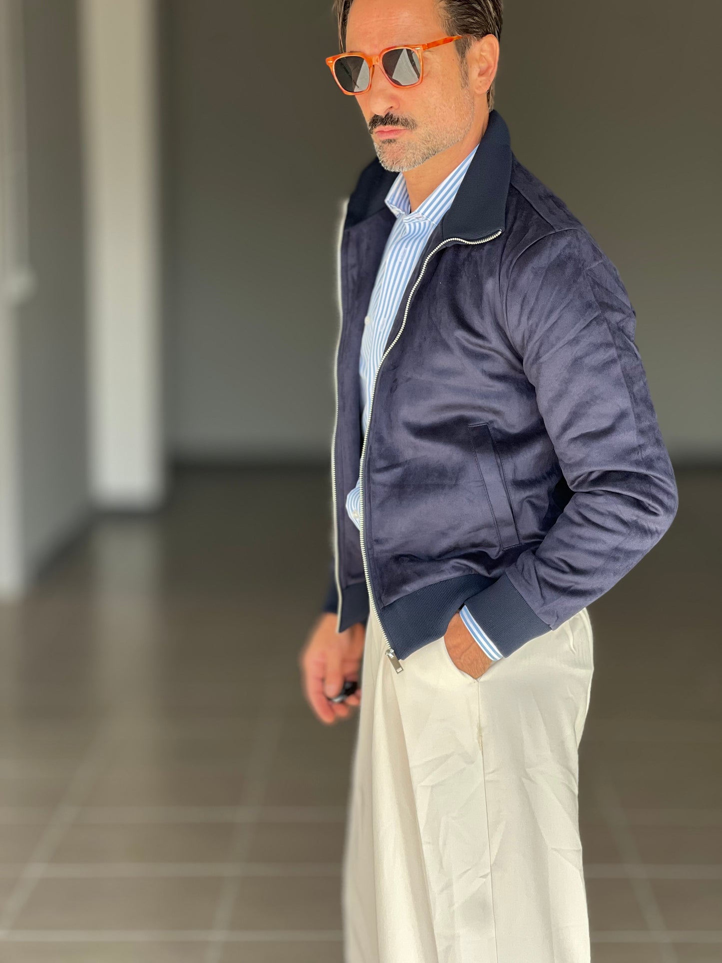 BOMBER ECOSUED BLU COLLO IN MAGLIA