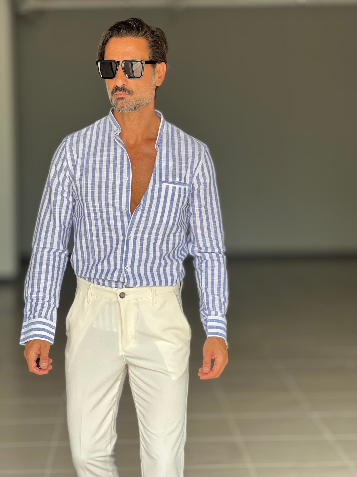 CAMICIA LINO BIANCA E BLU BACCHETTA