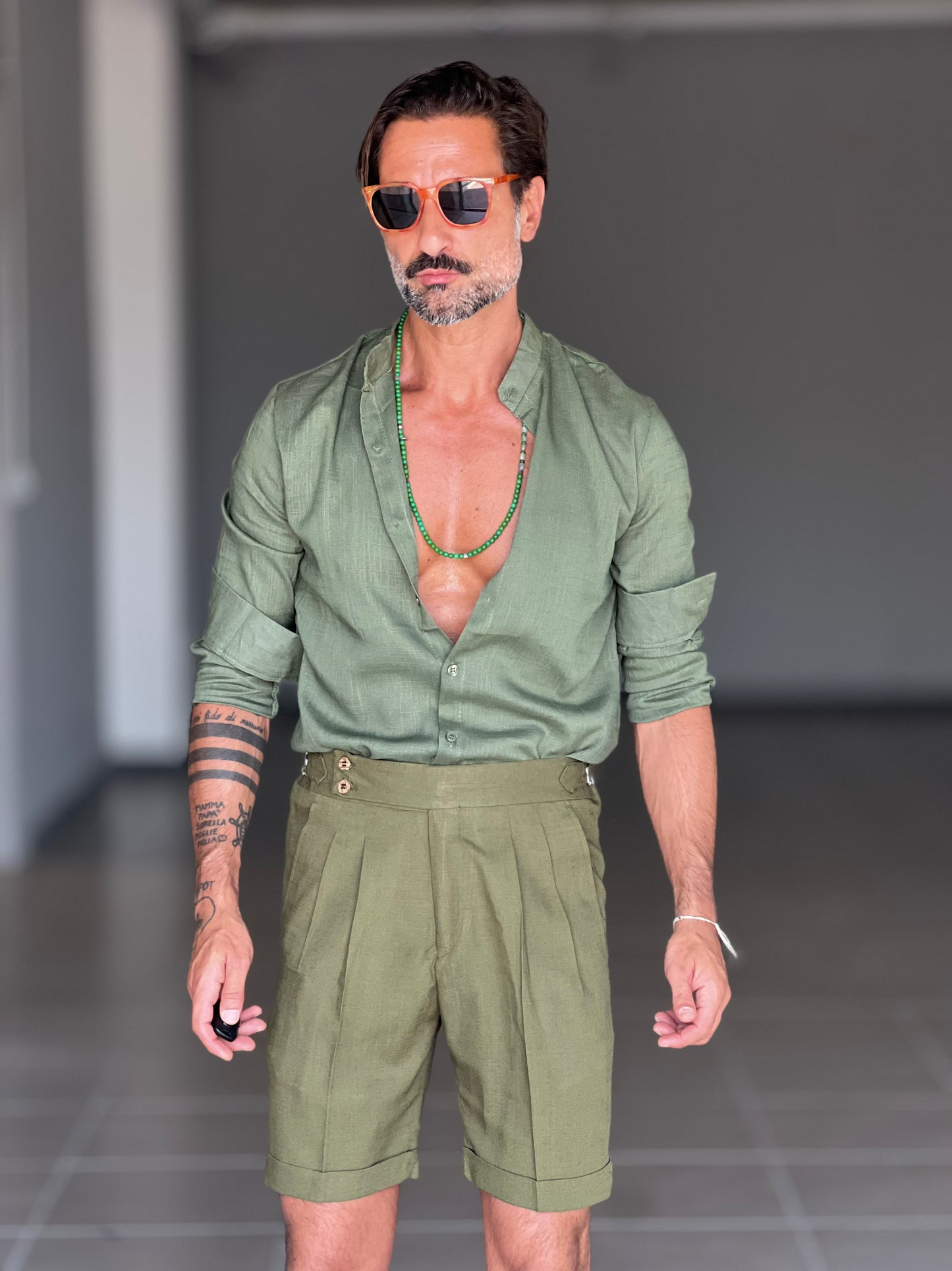 BERMUDA VERDE LINO E VISCOSA VITA ALTA