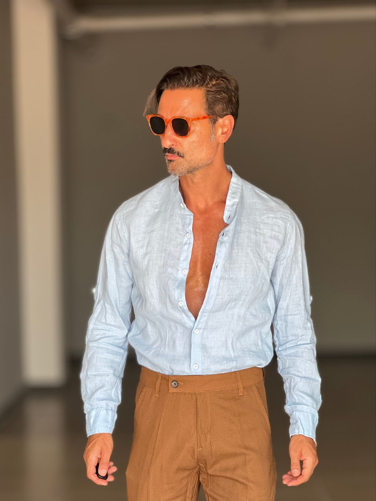 CAMICIA LINO GARZATO CELESTE COREANA