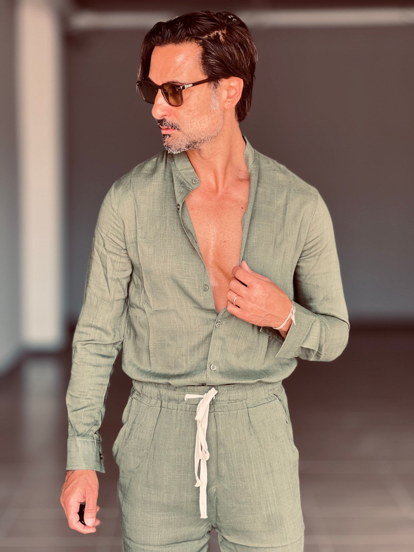 CAMICIA VERDE COREANA MISTO LINO