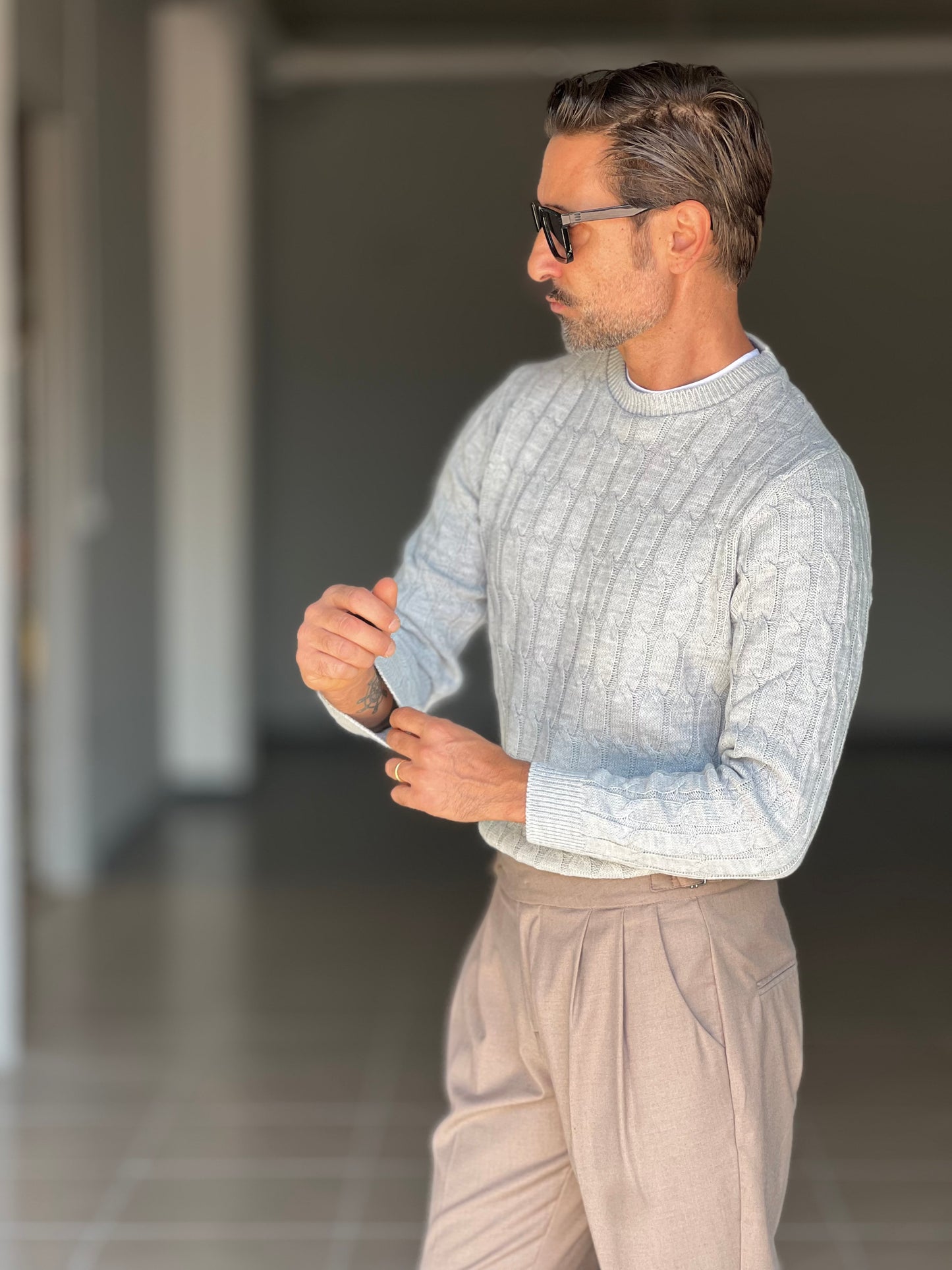 BLUE THREAD COTTON CREW NECK SWEATER