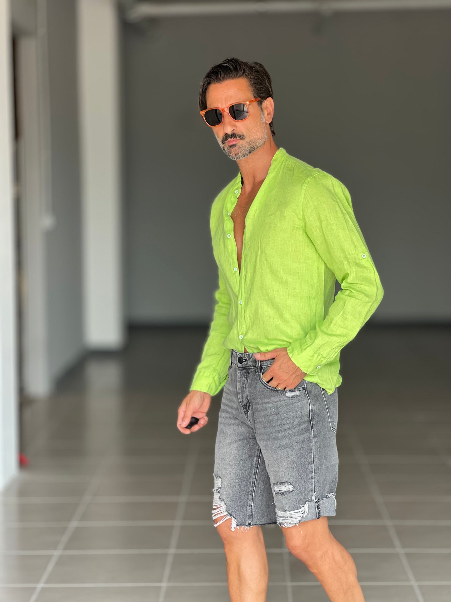 CAMICIA LINO VERDE MELA COREANA