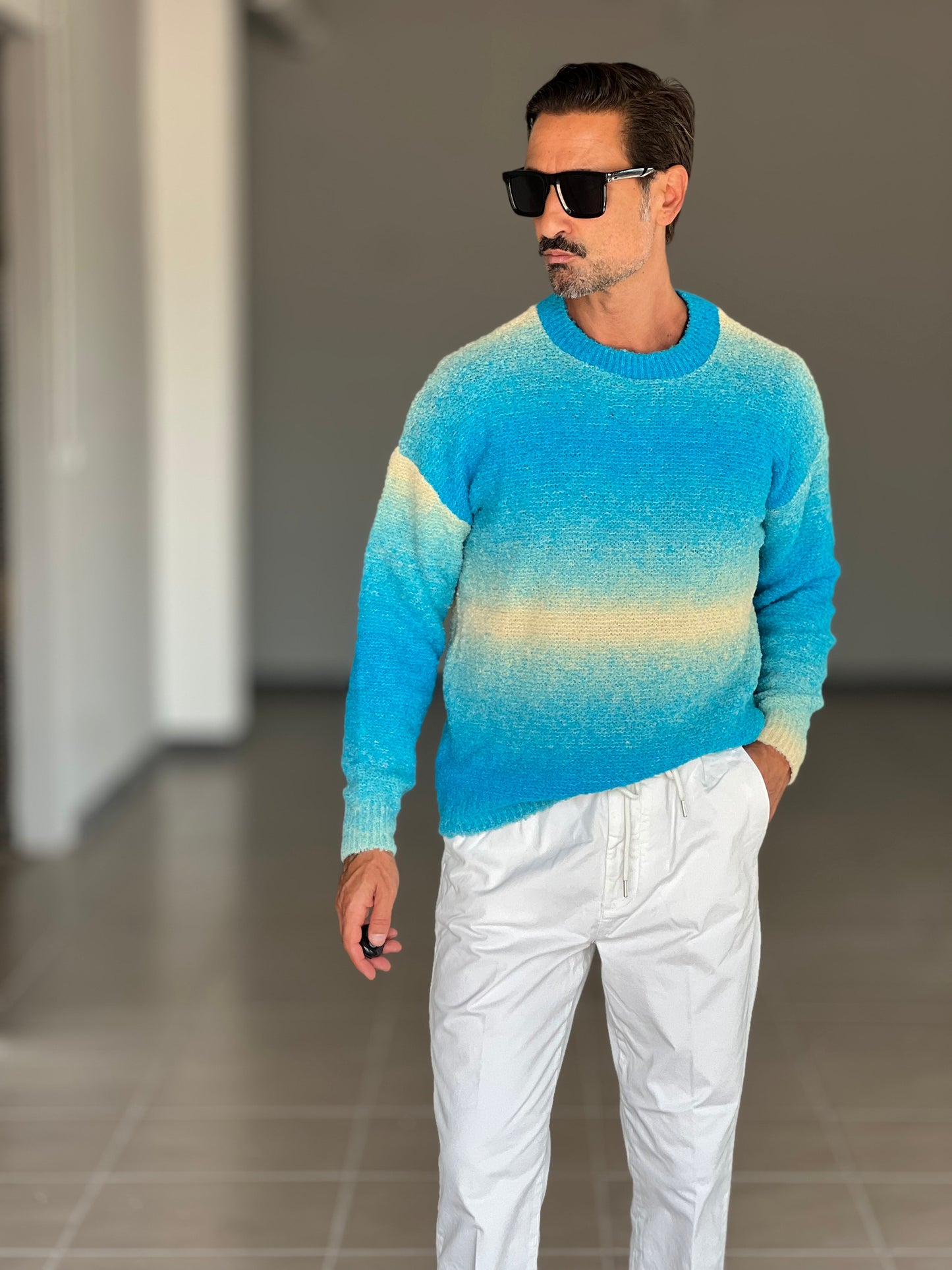MAGLIA GIRO DEGRADE' TURCHESE E PANNA