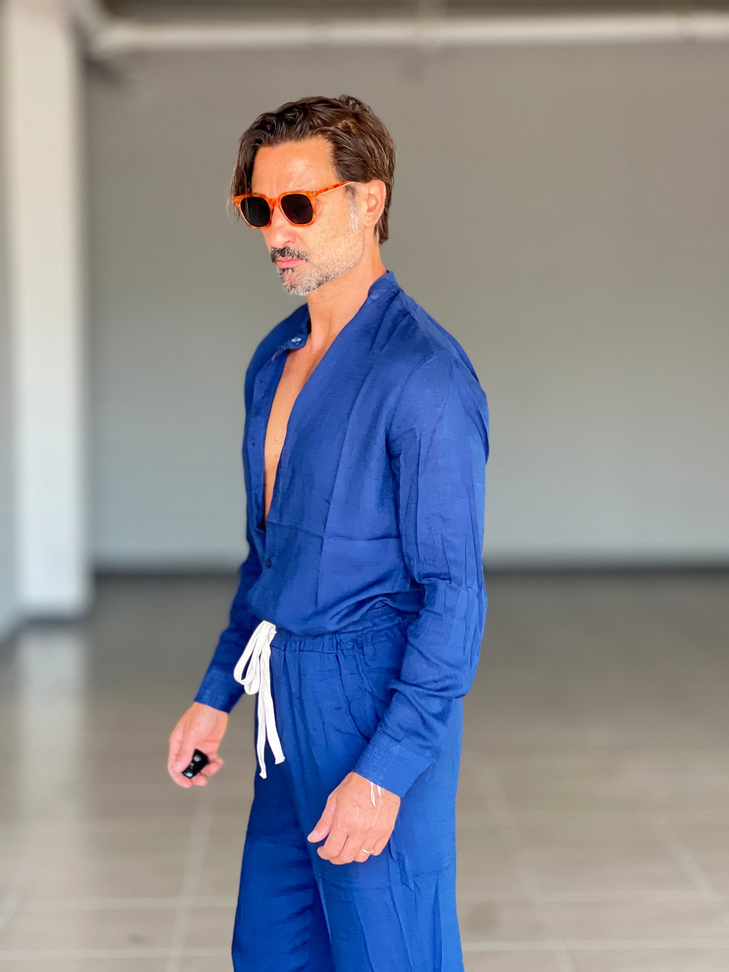 CAMICIA BLU COREANA MISTO LINO