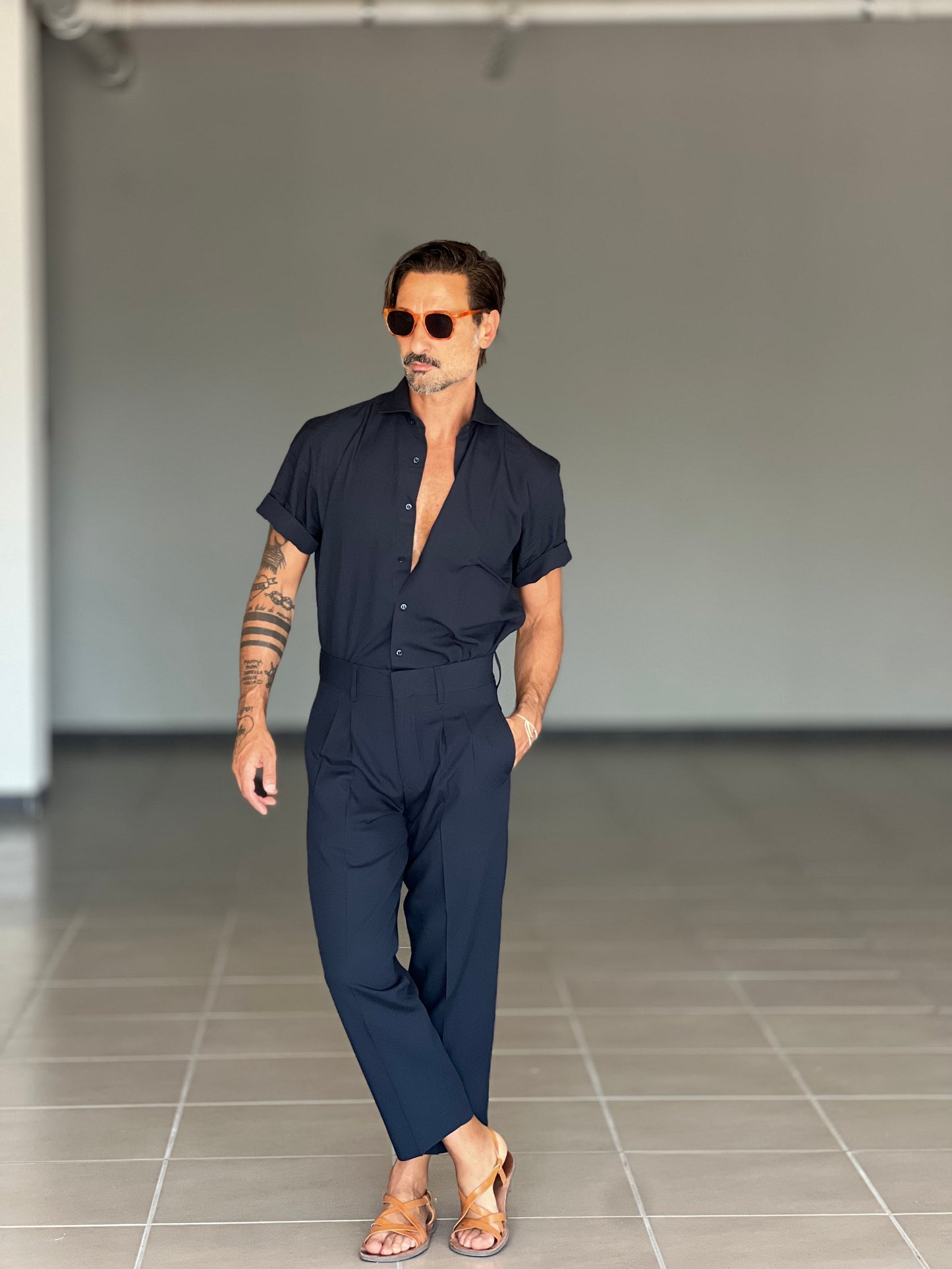 PANTALONE ESTIVO LINO E COTONE BLU PINCES