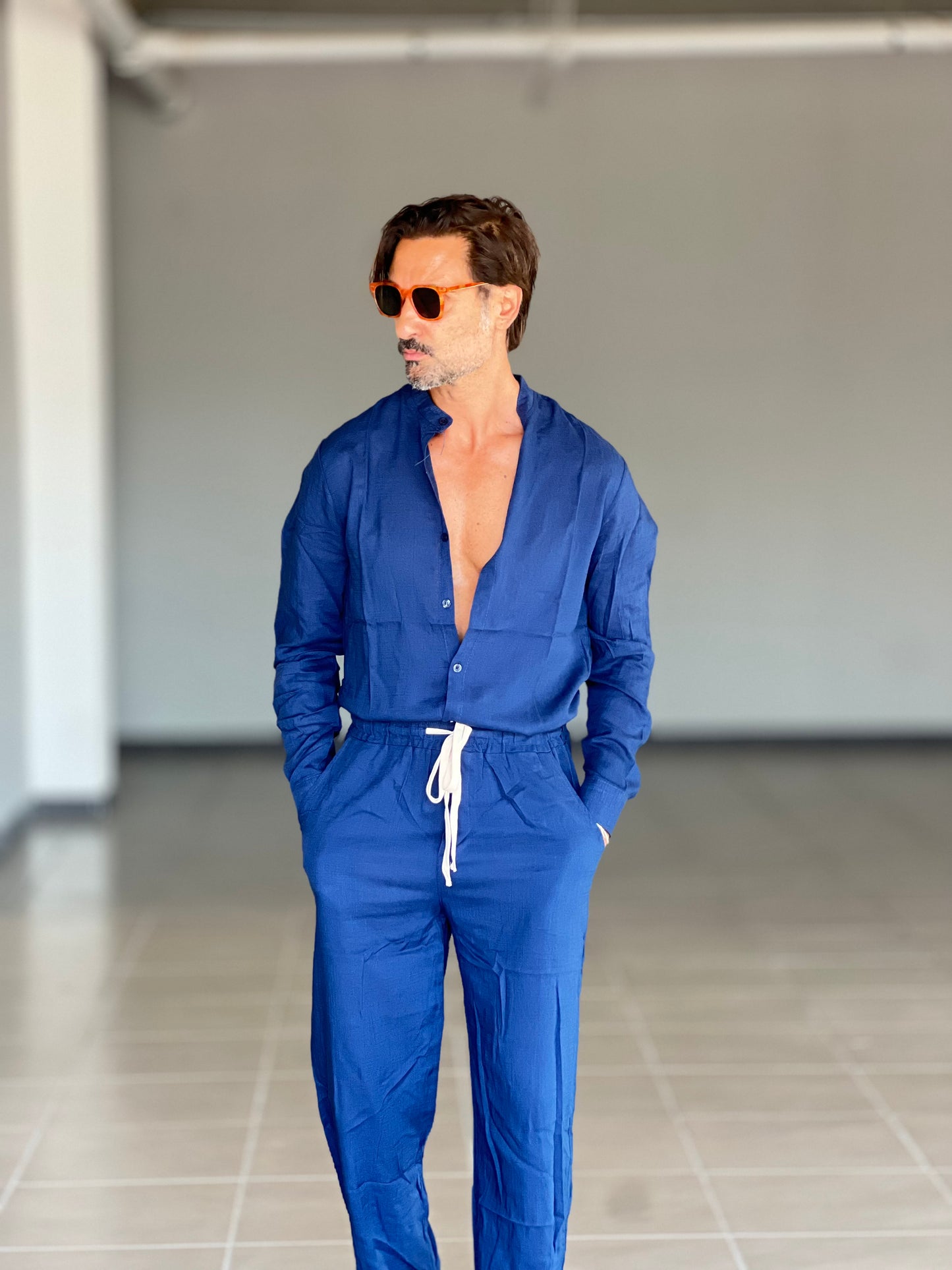 CAMICIA BLU COREANA MISTO LINO