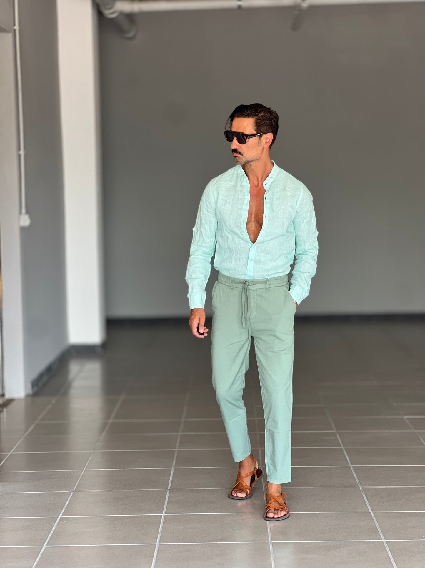 CAMICIA LINO GARZATO VERDE ACQUA COREANA