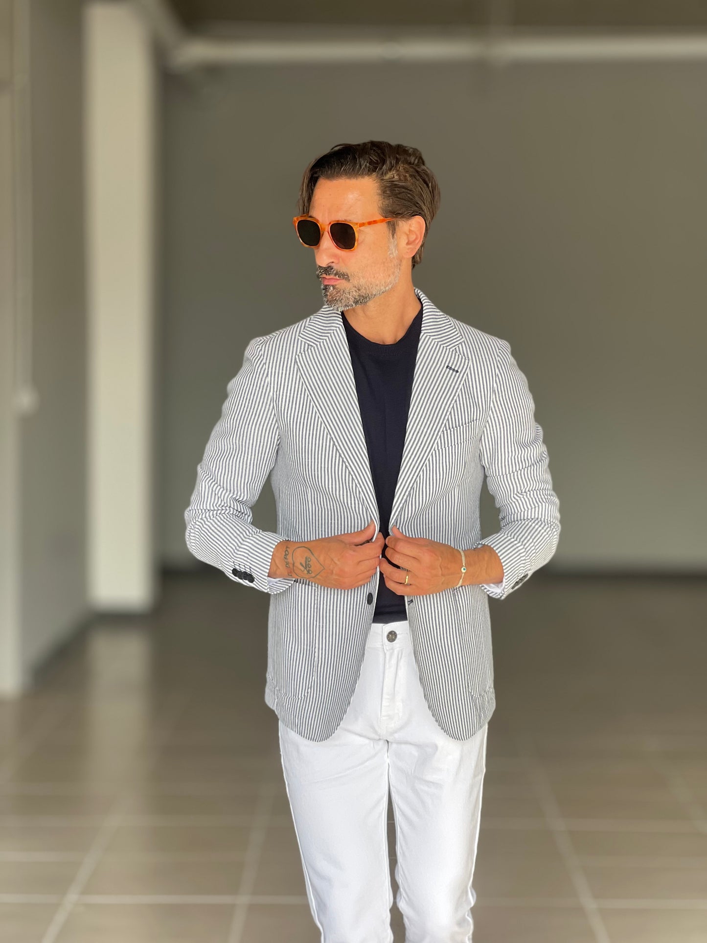 GIACCA LINO MILLERIGHE BLU MONOPETTO