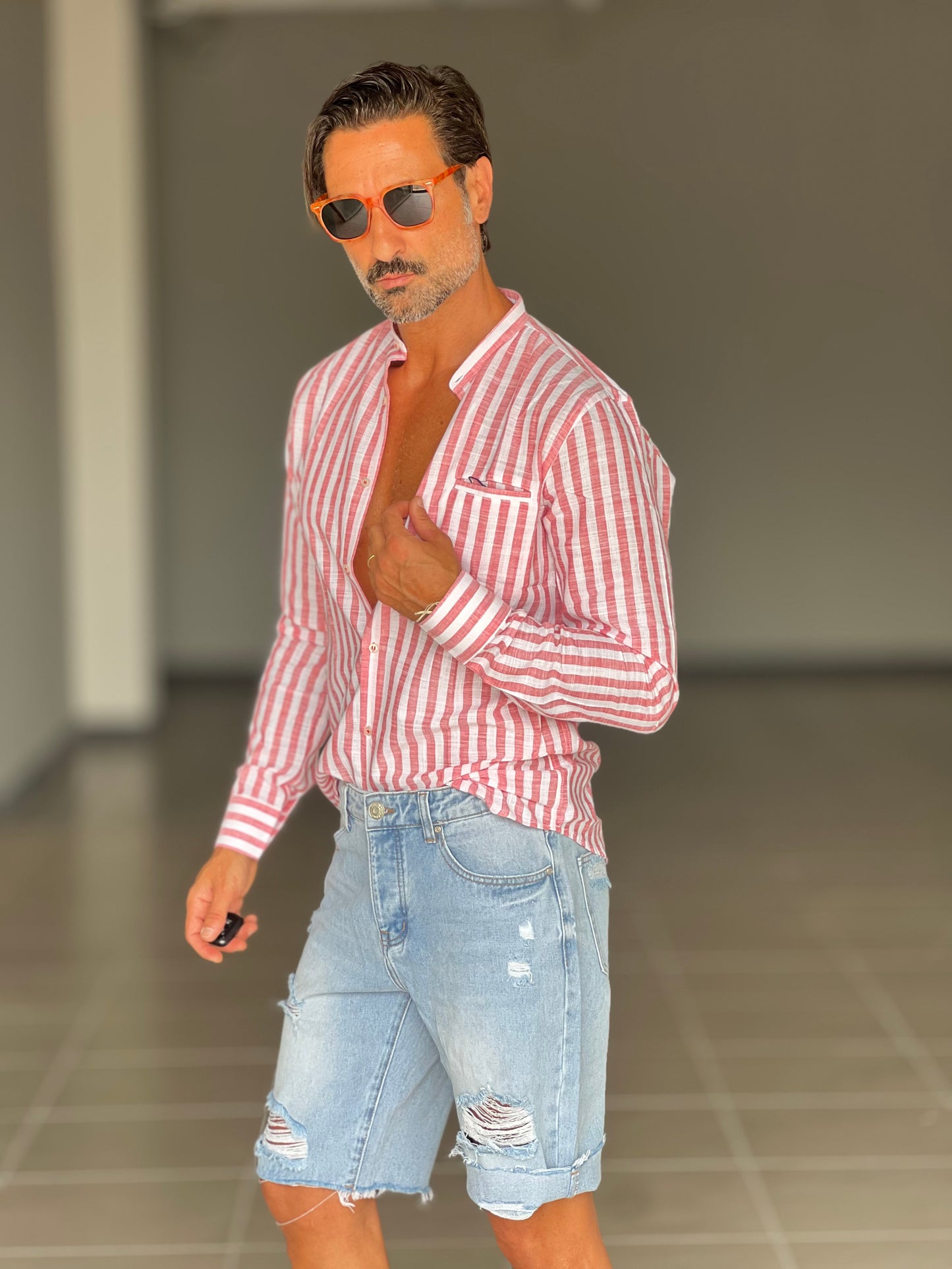 CAMICIA LINO BIANCA E ROSSA BACCHETTA