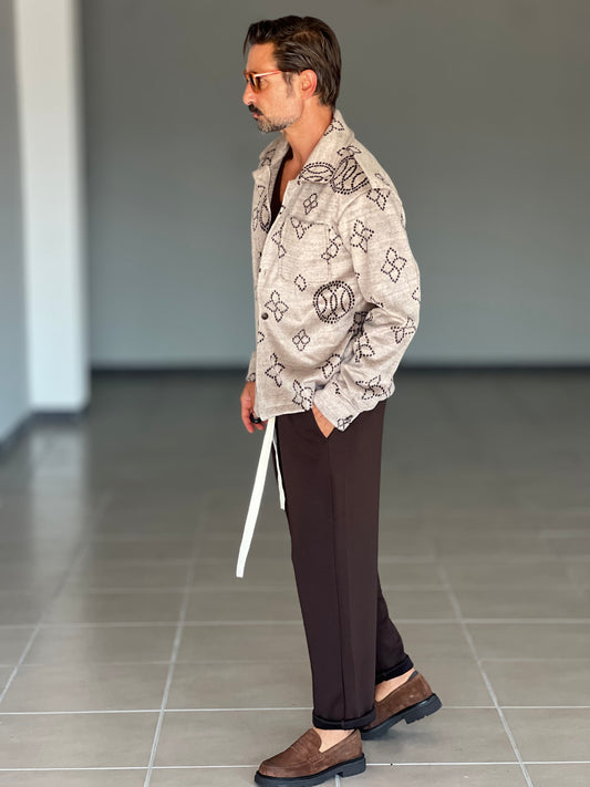 FILL JACKET MAGLIA E TESSUTO BEIGE RICAMO NERO