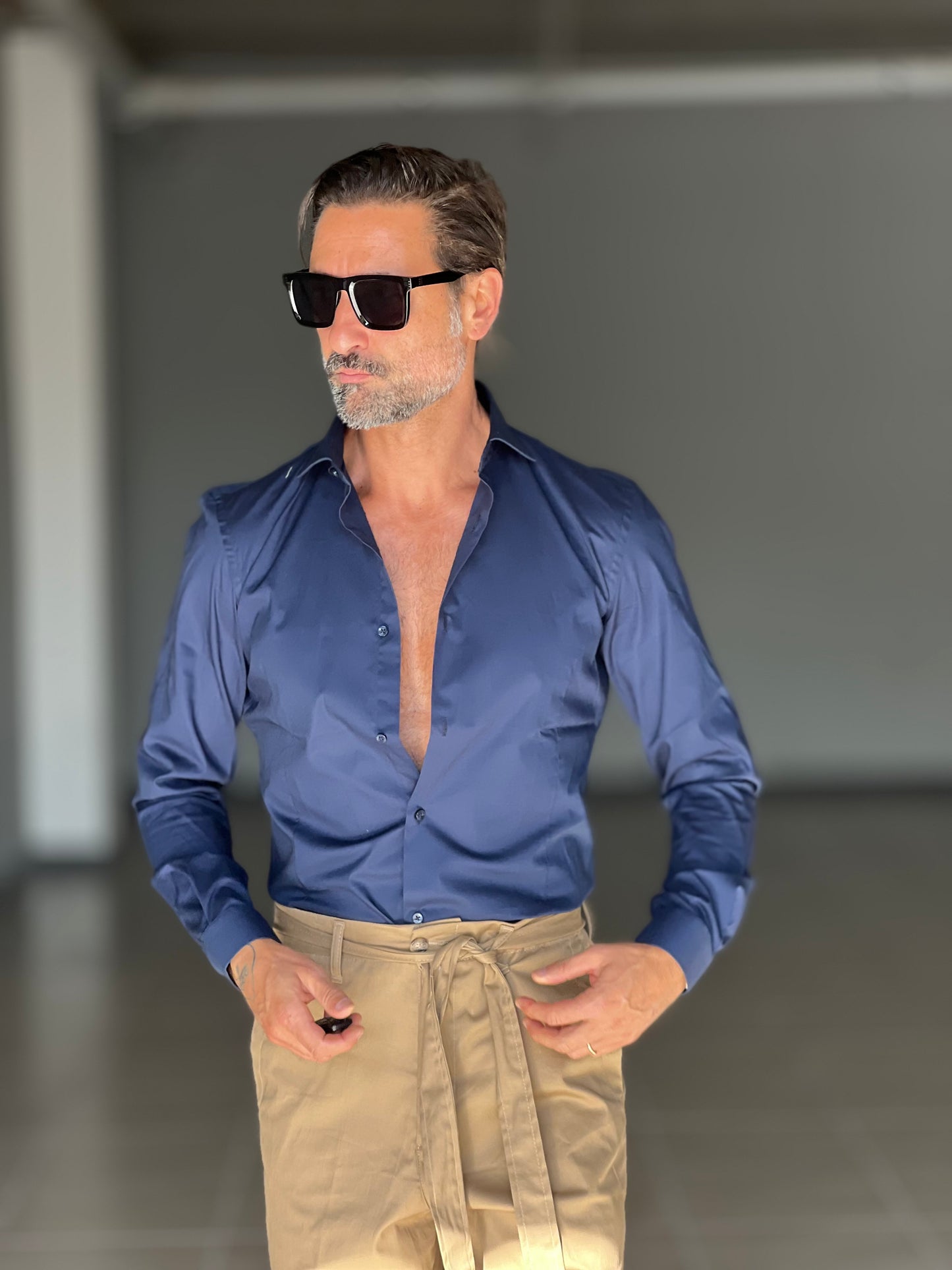 CAMICIA BLU COTONE COLLO ITALIANO STRECH