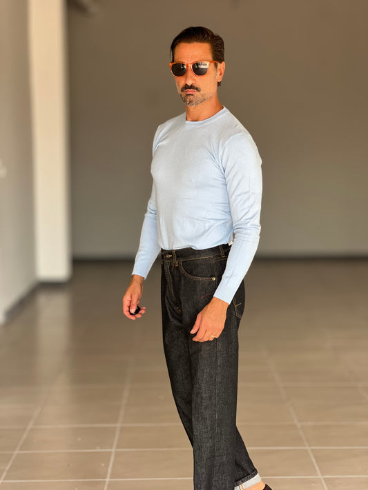 BLUE THREAD COTTON CREW NECK SWEATER