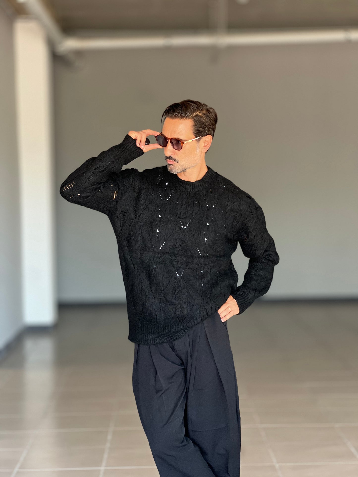 PANTALONE FONDO AMPIO NERO DOPPIA PINCES