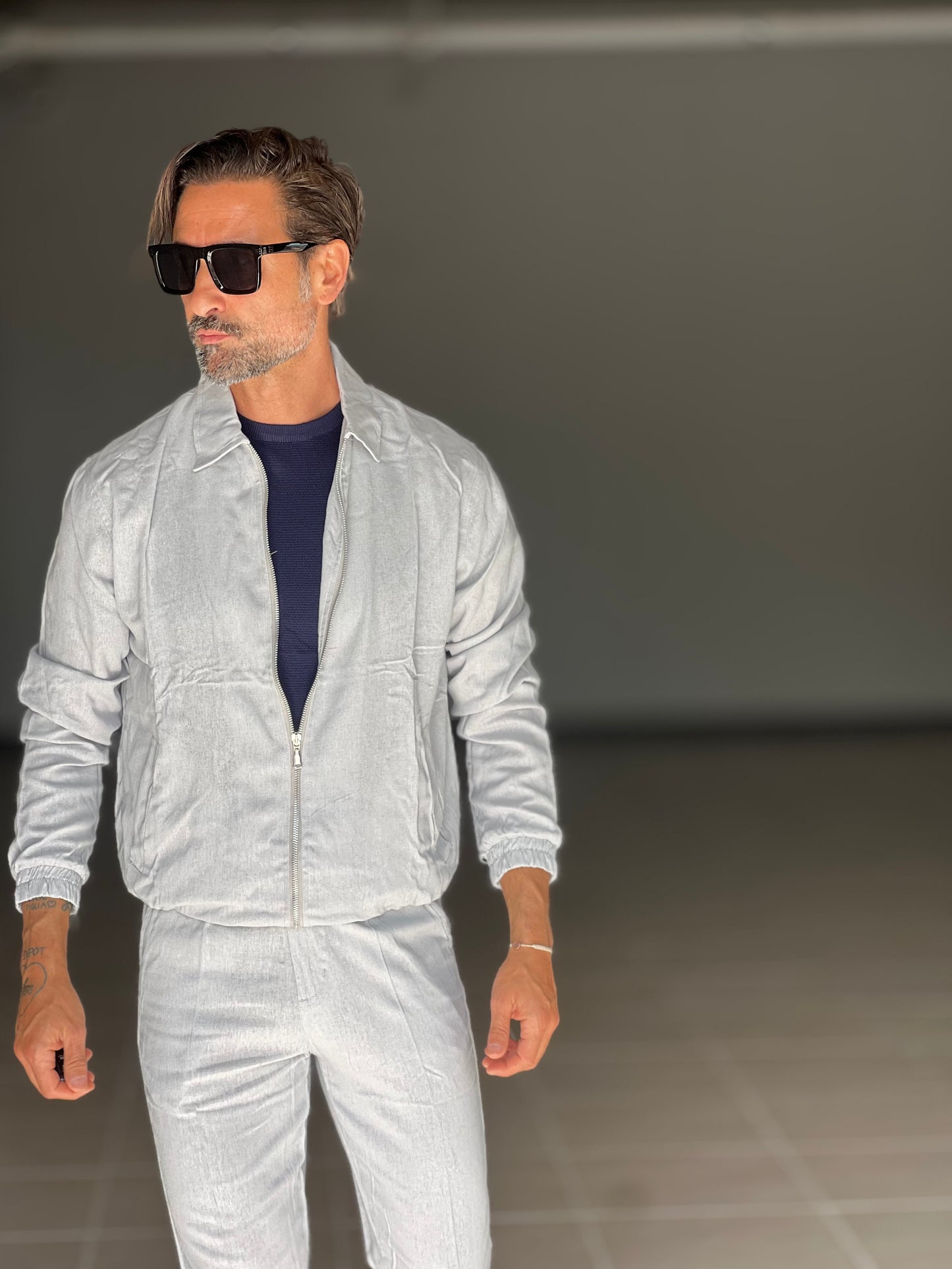 COORDINATO GRIGIO PERLA LINO ZIP