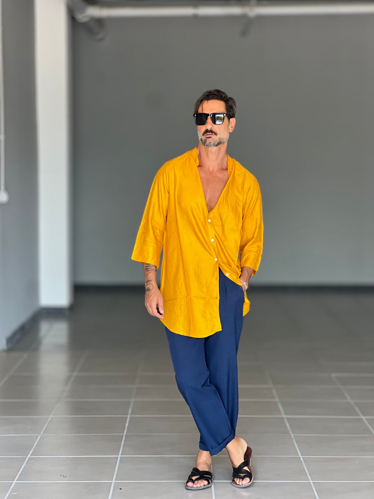 CAMICIA OCRA VISCOSA E LINO UNISEX TAGLIA UNICA OVER