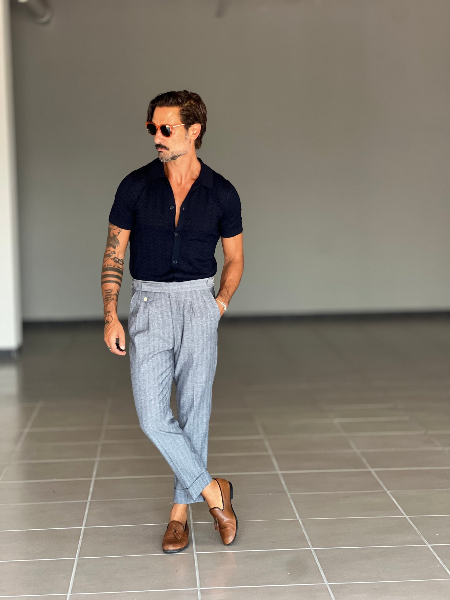 PANTALONE SPINATO BLU VITA ALTA LINO E MISTI