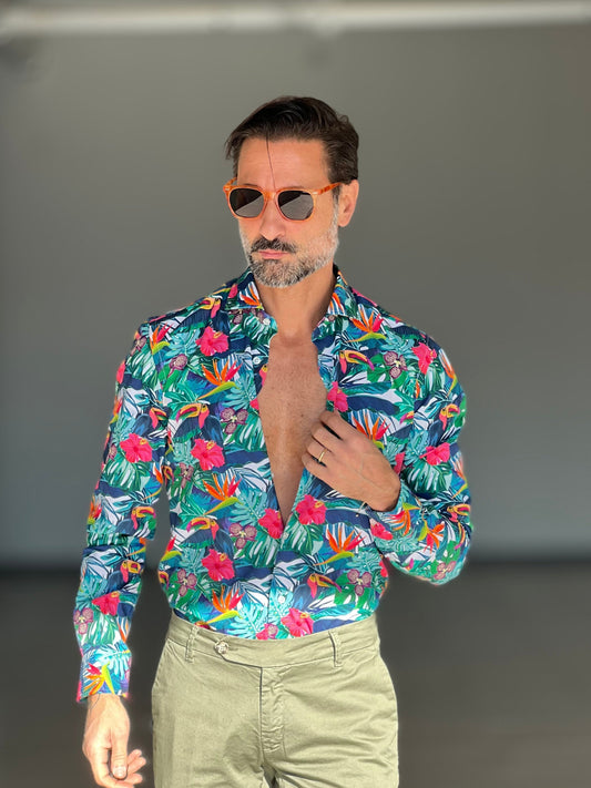 CAMICIA DEPOT DISEGNO PAPPAGALLO COTONE DOPPIORITORTO