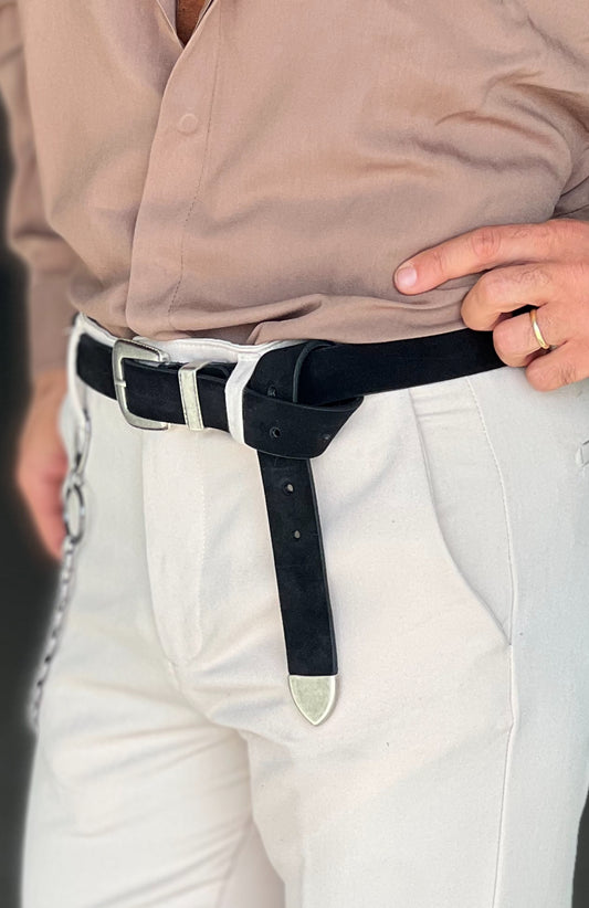 CINTURA CAMOSCIO PELLE NERA FIBIA GRANDE