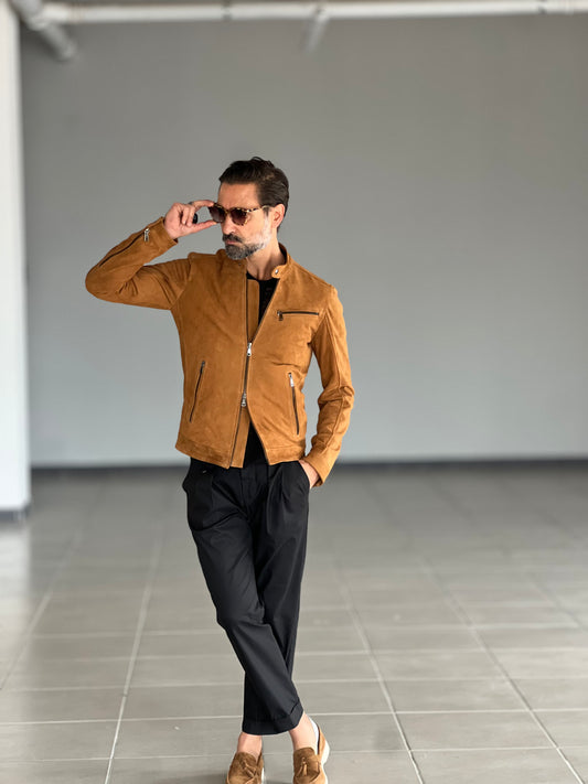 BIKER RENNA TABACCO VERA PELLA DOPPIA ZIP