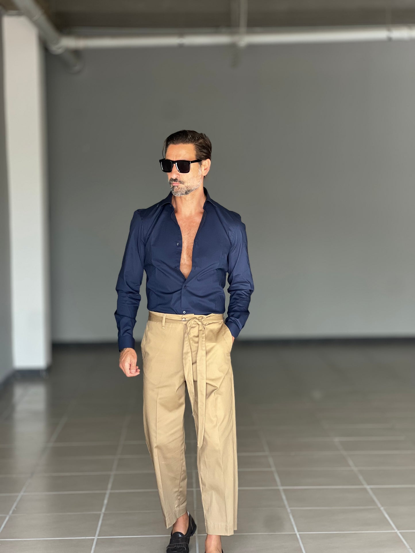 CAMICIA BLU COTONE COLLO ITALIANO STRECH