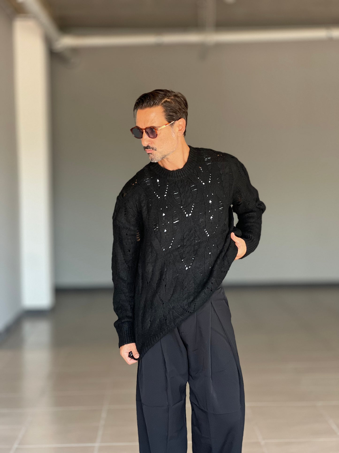 PANTALONE FONDO AMPIO NERO DOPPIA PINCES