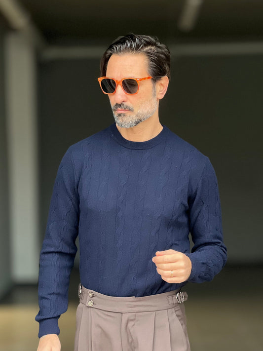 MAGLIA GIRO BLU LANA E CASHEMERE TRECCIA PICCOLA