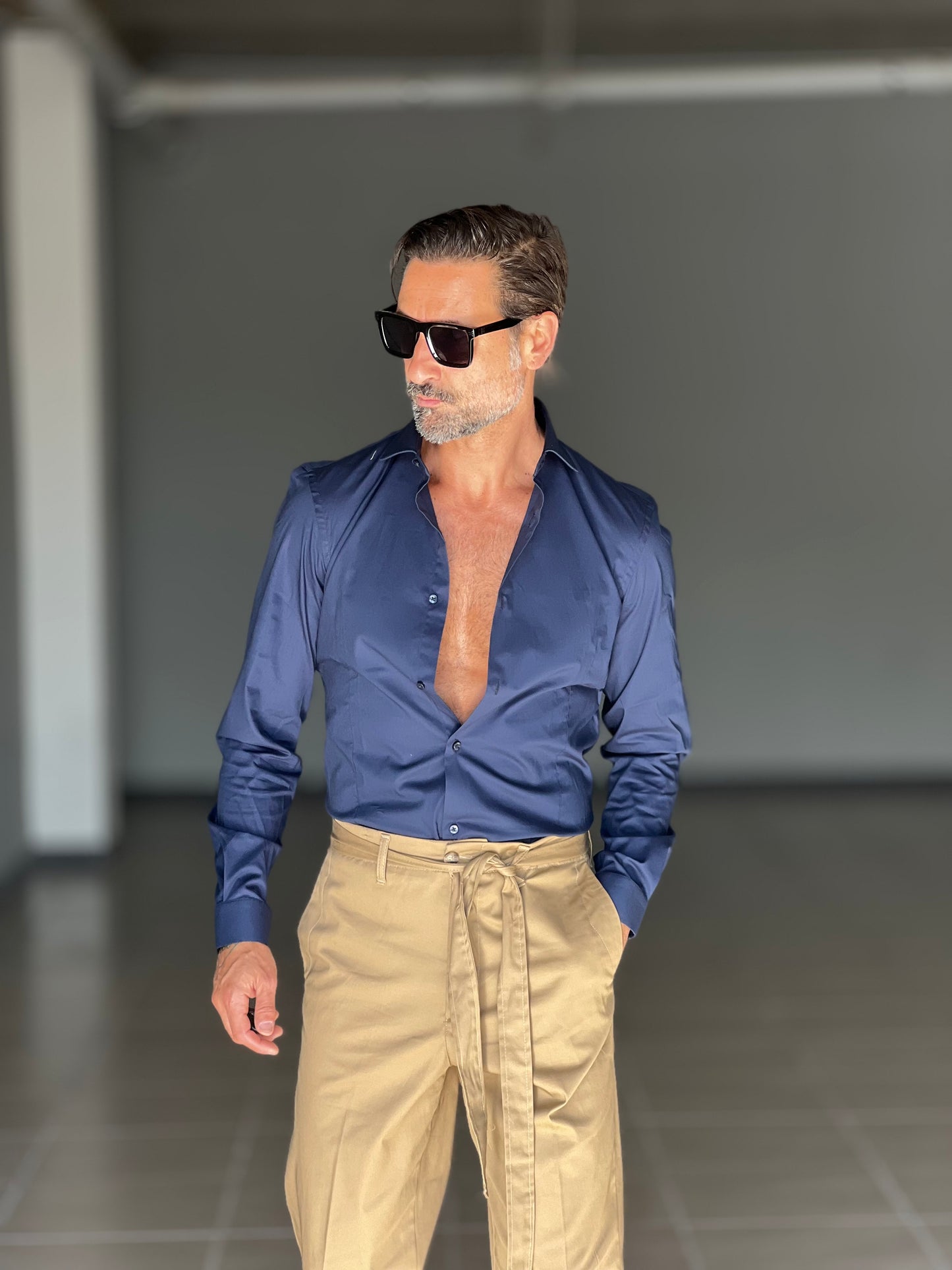 CAMICIA BLU COTONE COLLO ITALIANO STRECH