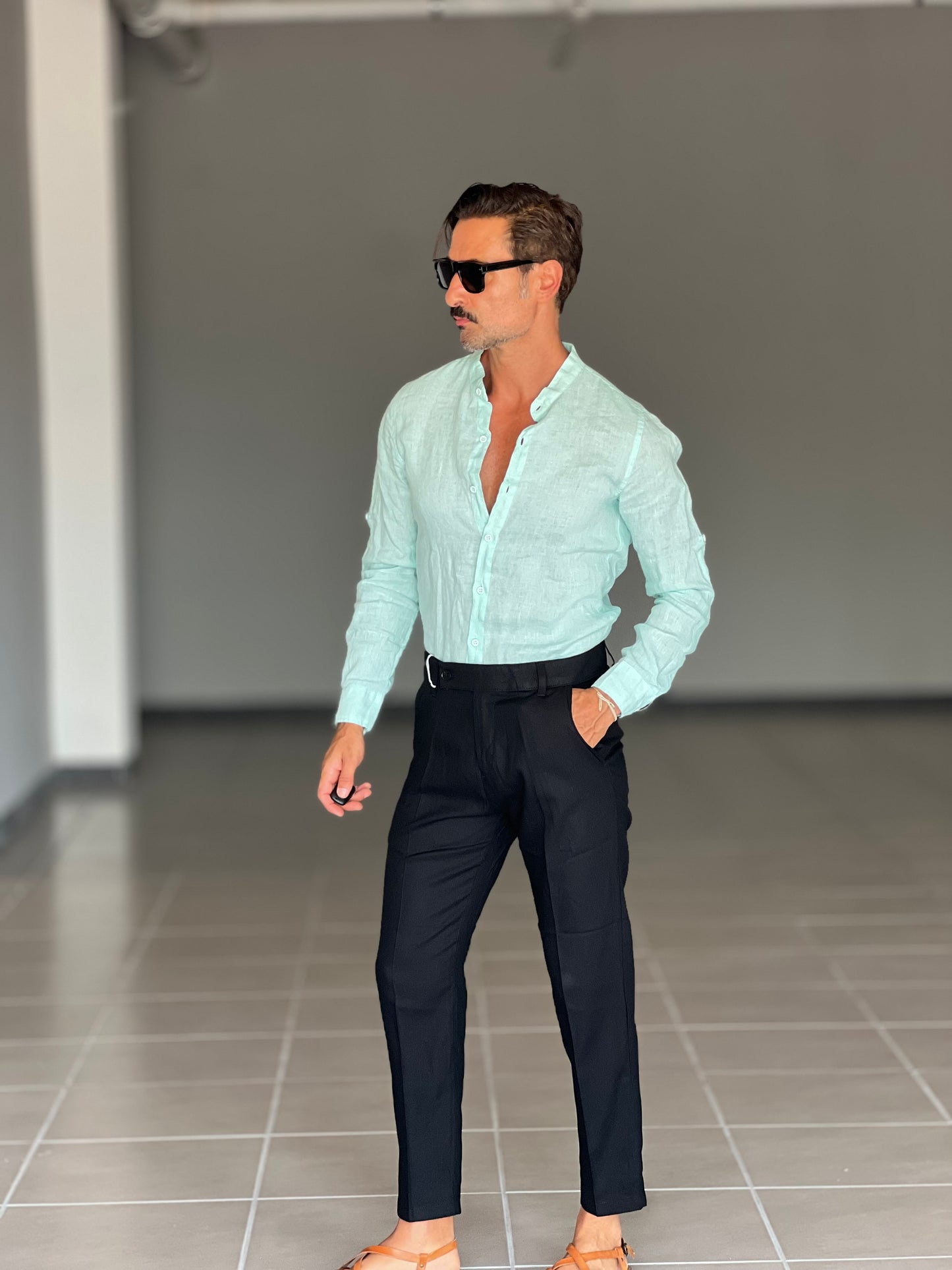 PANTALONE ESTIVO NERO MISTO LINO RASATO