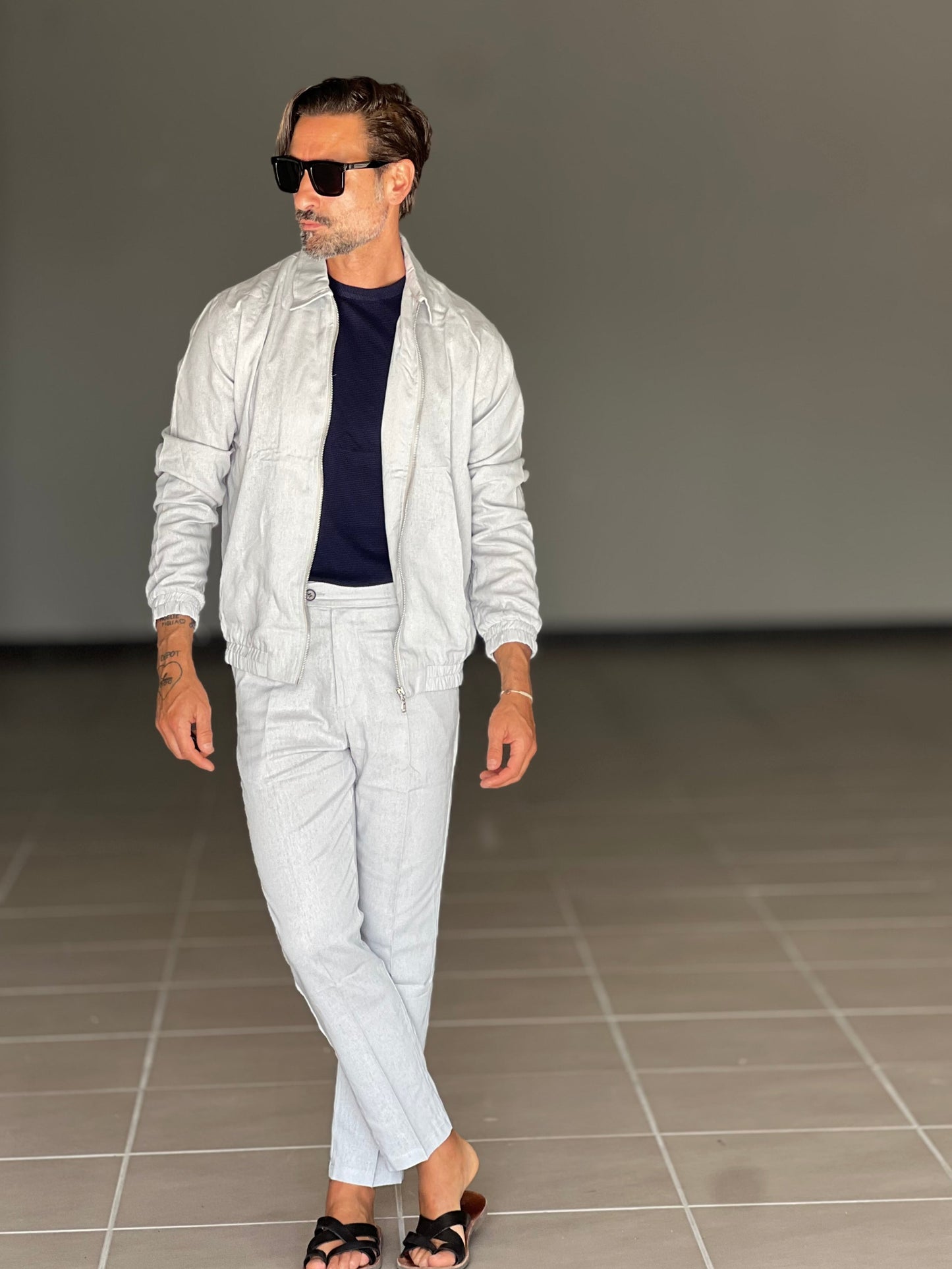 COORDINATO GRIGIO PERLA LINO ZIP
