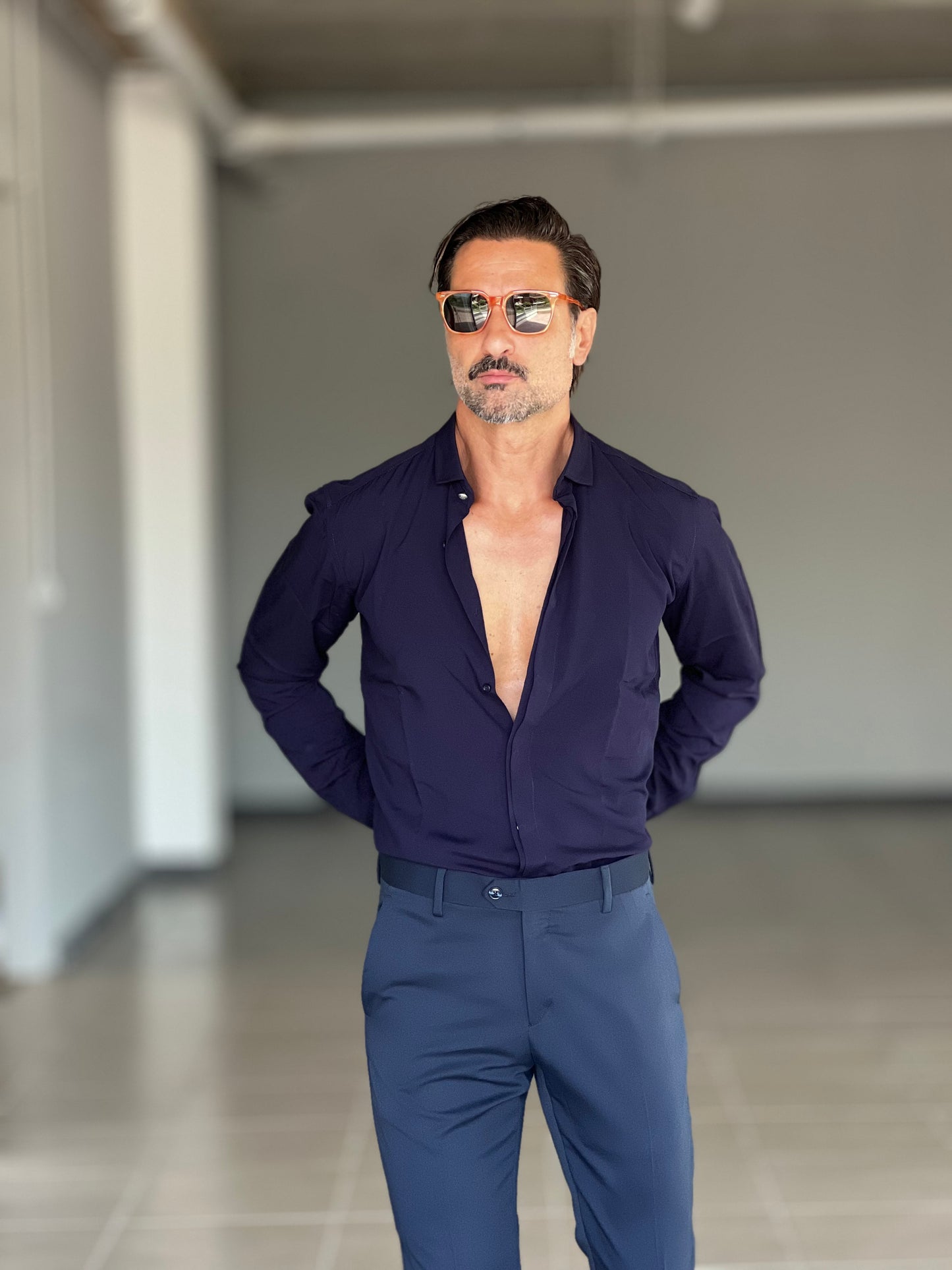 CAMICIA VISCOSA BLU BOTTONE METALLO