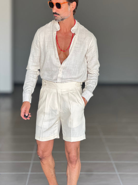 BERMUDA CREMA LINO E VISCOSA VITA ALTA