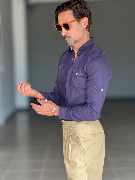 CAMICIA TEXANA BLU MISTO LINO