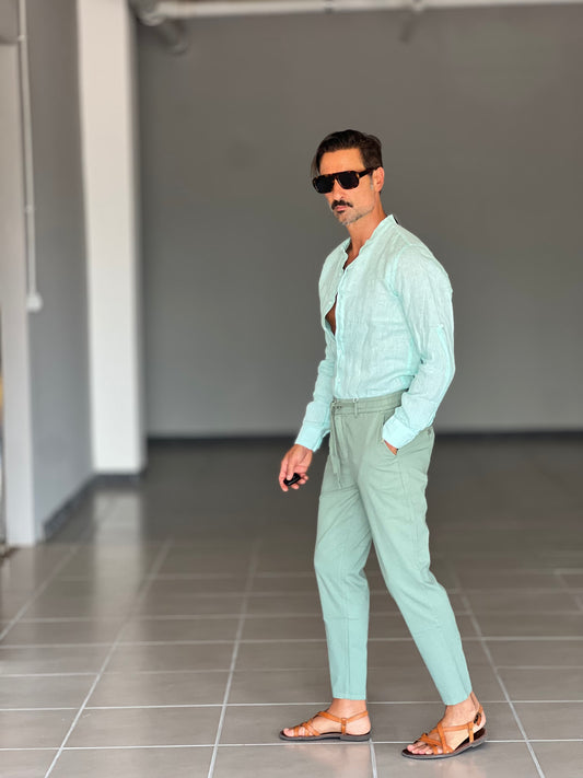 PANTALONE ESTIVO MENTA EFFETTO LINO GARZATO