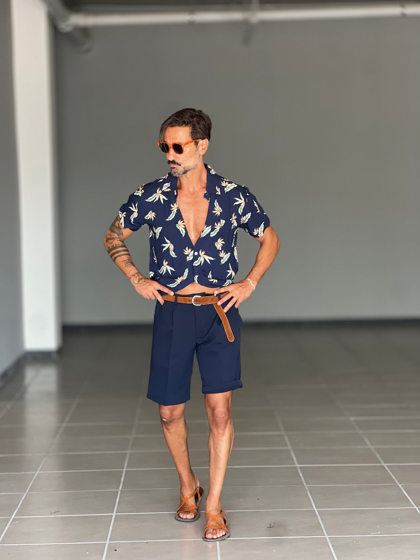 CAMICIA FIORE FONDO BLU MEZZA MANICA VISCOSA