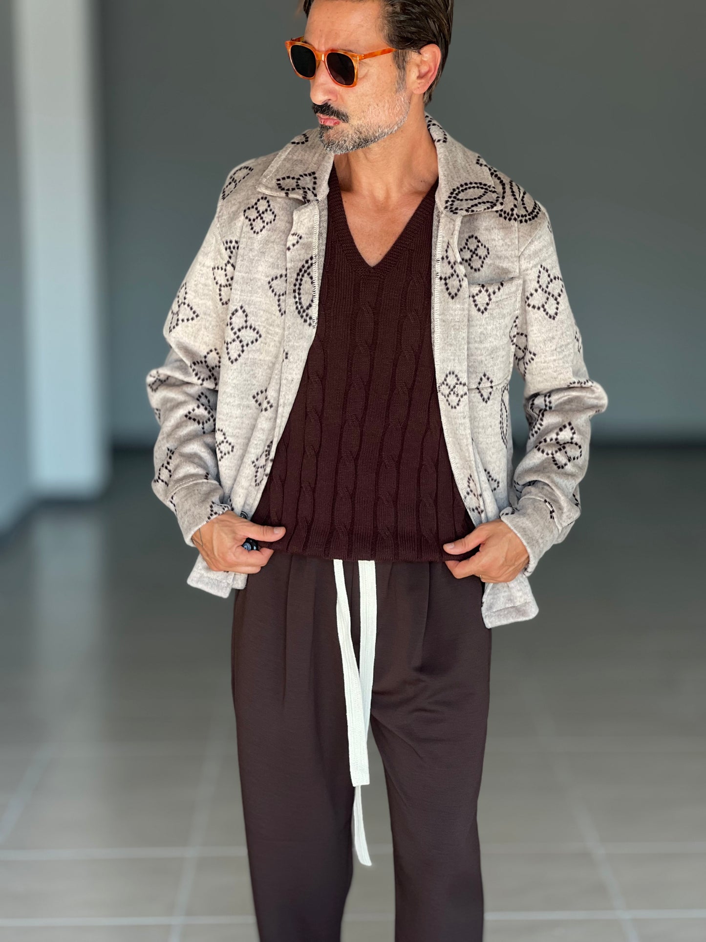 FILL JACKET MAGLIA E TESSUTO BEIGE RICAMO NERO