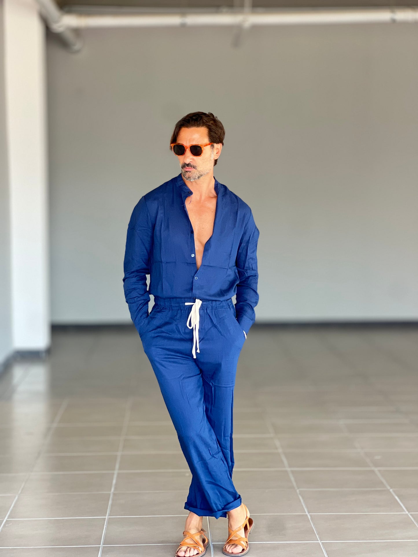 CAMICIA BLU COREANA MISTO LINO