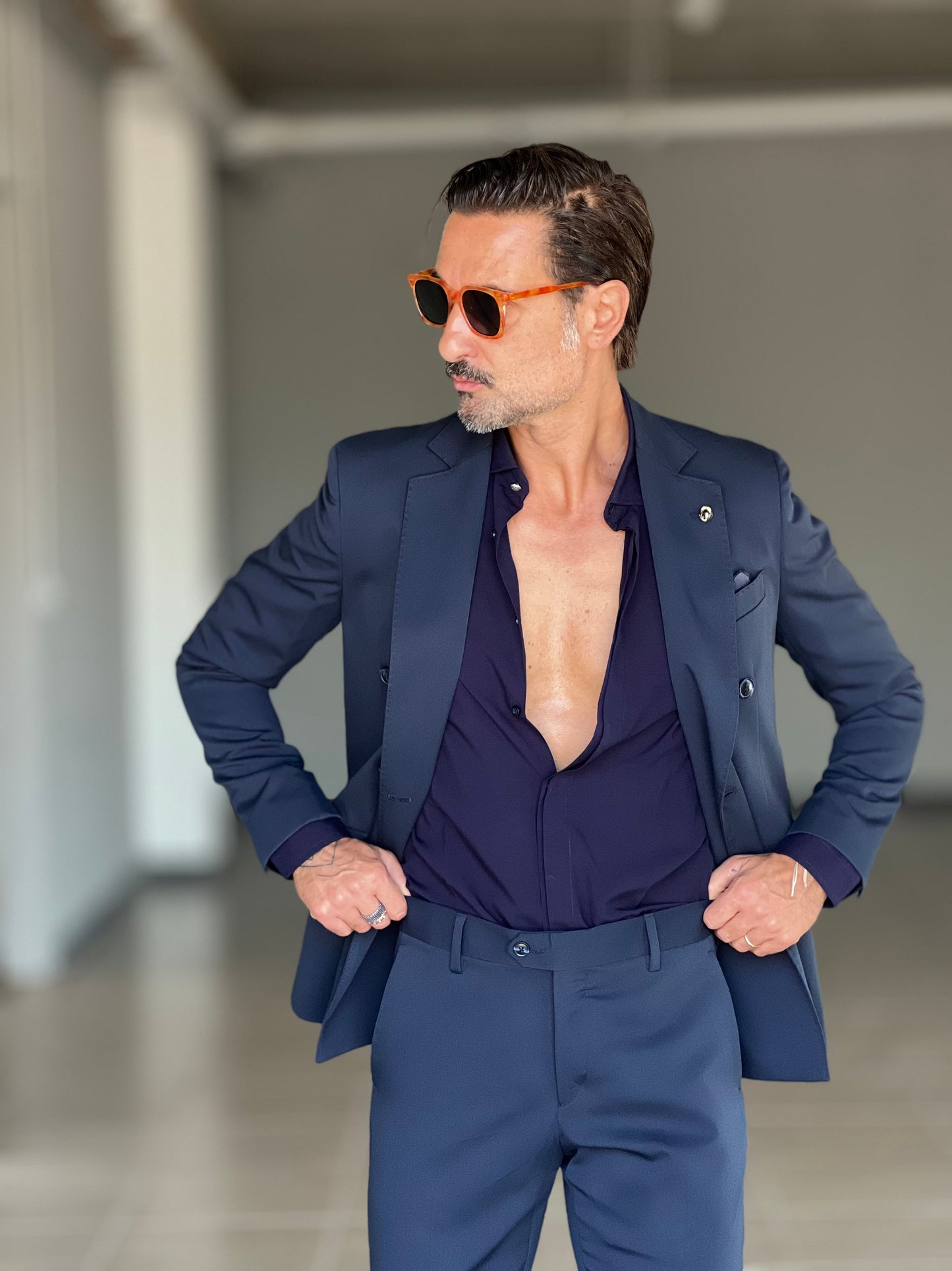 CAMICIA VISCOSA BLU BOTTONE METALLO