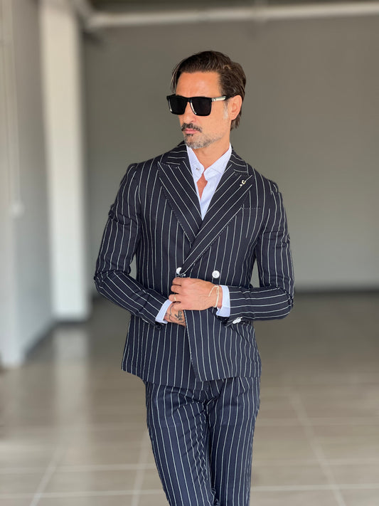 ABITO LINO BLU GESSATO DOPPIOPETTO