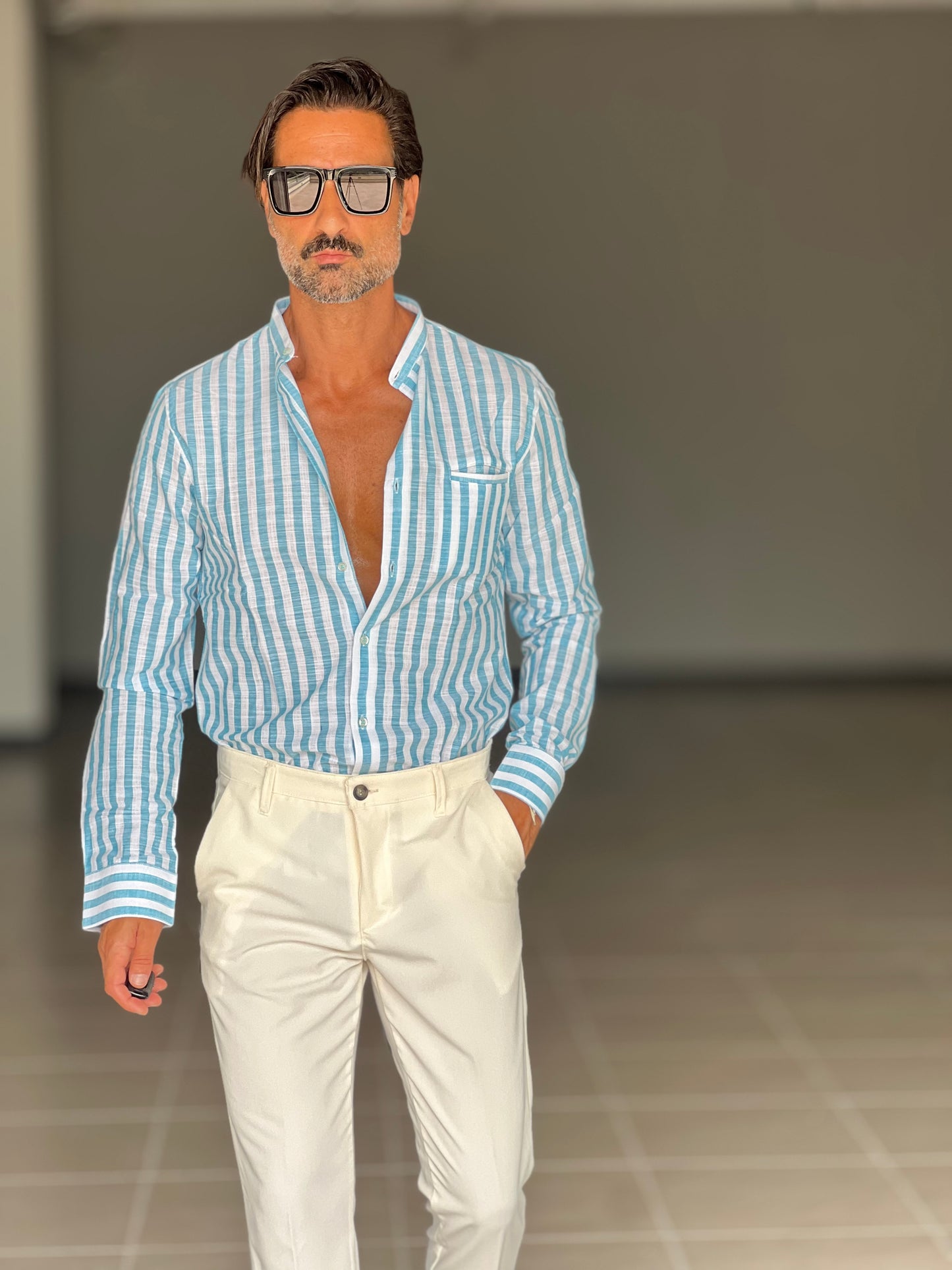 CAMICIA LINO BIANCA E CELESTE BACCHETTA