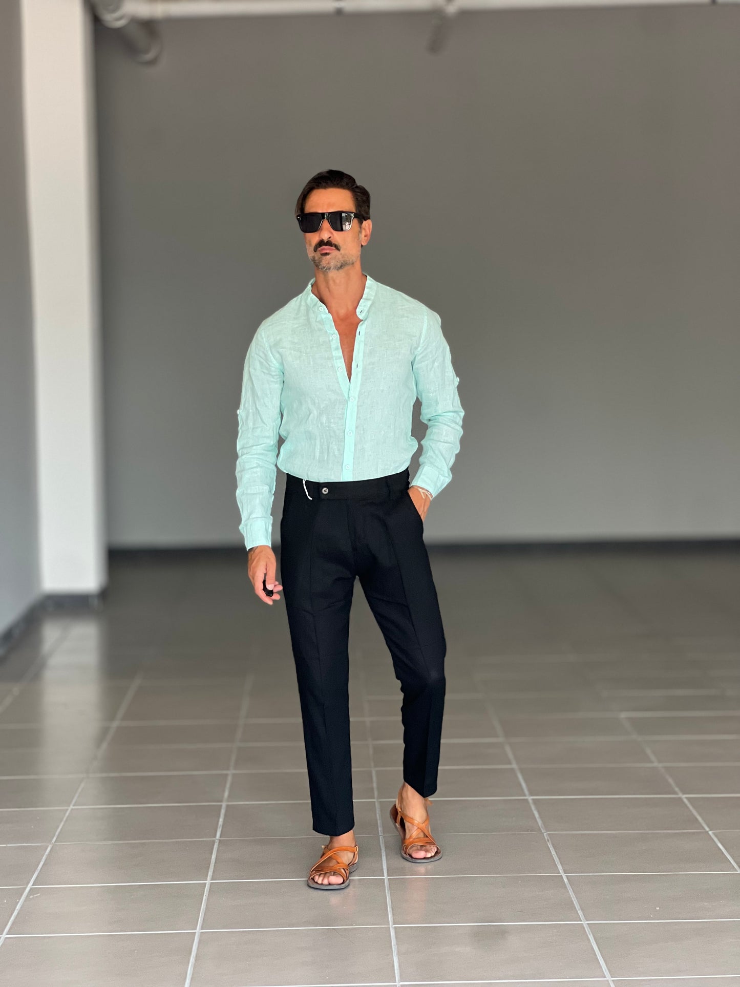 PANTALONE ESTIVO NERO MISTO LINO RASATO