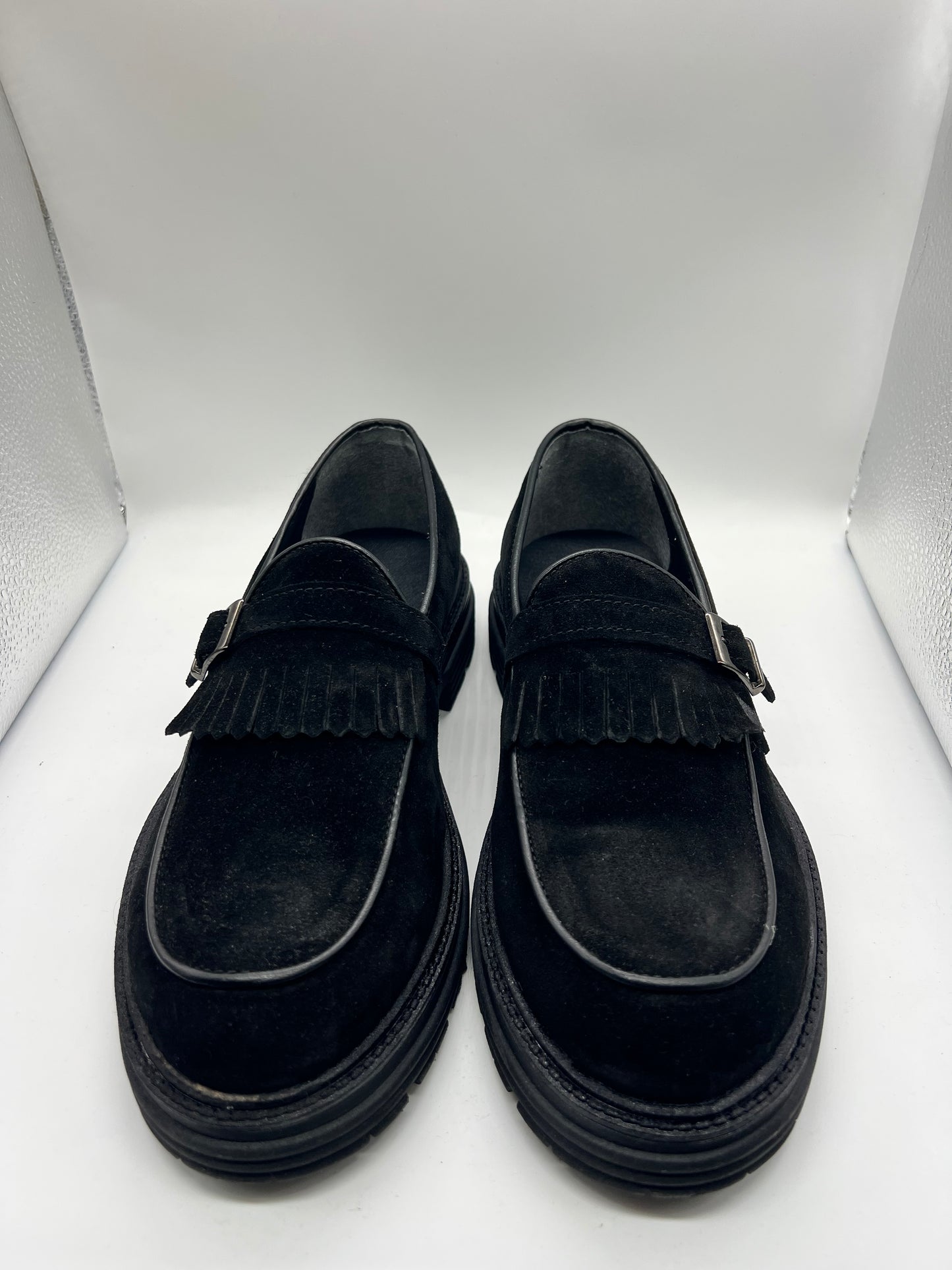DOUBLE BUCKLE BLACK SUEDE LOAFERS