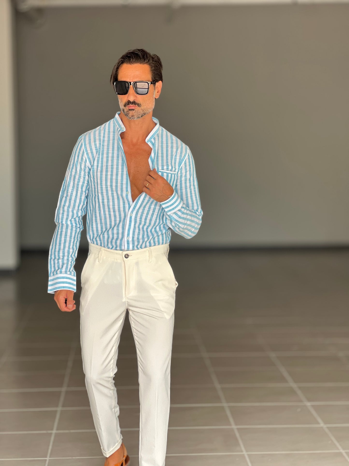 CAMICIA LINO BIANCA E CELESTE BACCHETTA