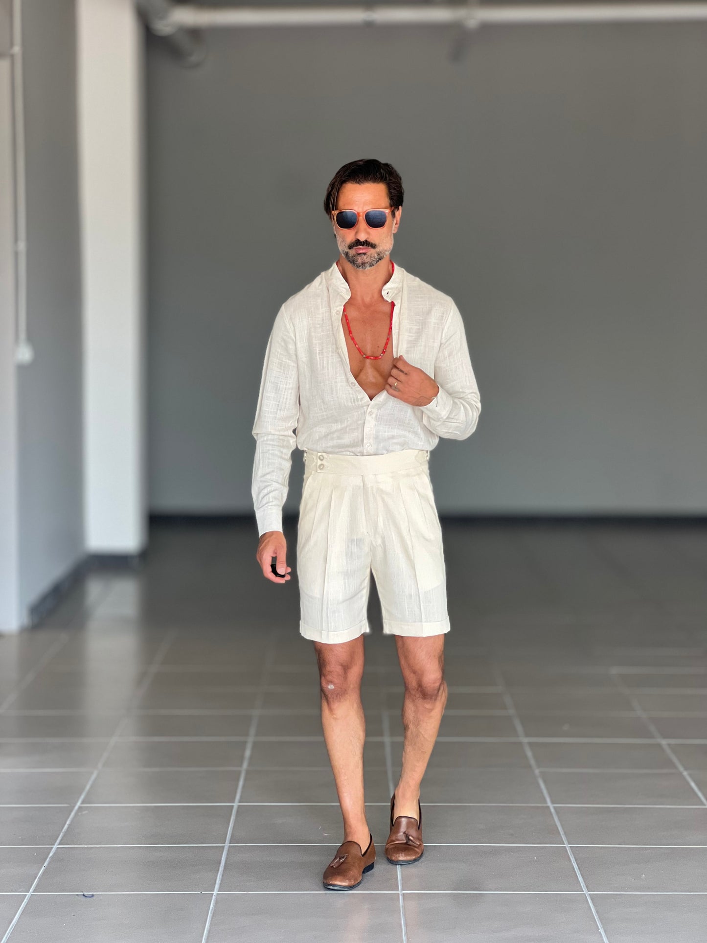 BERMUDA CREMA LINO E VISCOSA VITA ALTA